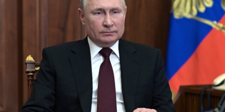 Russian President Vladimir Putin addresses the nation at the Kremlin in Moscow on Feb. 21 |  ALEXEY NIKOLSKY/SPUTNIK/AFP VIA GETTY IMAGES