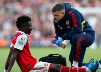 Arsenal winger Bukayo Saka. He was taken off injured on the Sunday action against Nottingham Forest. Photo: Premier League