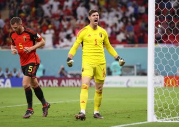 Thibaut Courtois celebrates after saving a penalty: IMAGE/FIFA World Cup/Twitter