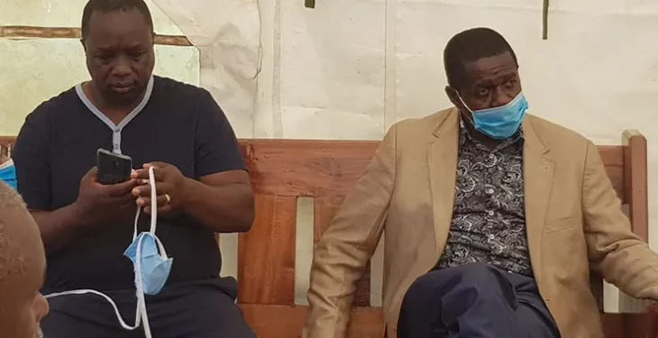 Former IEBC CEO James Oswago (left) and his co-accused Wilson Kiprotich at the Anti-Corruption Court on Wednesday, May 27, 2020. Photo/Courtesy