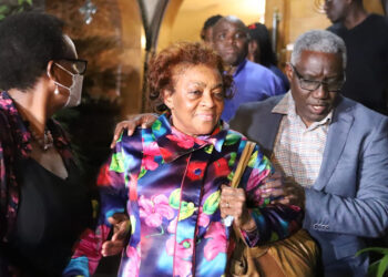 Dr Barbara Odudu Magoha accompanies by family members at the Lee funeral home where her husband's body was taken for preservation on 24 January, 2023.PHOTO/COURTESY