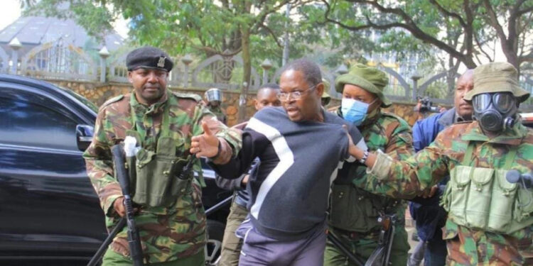 National Minority leader and Ugunja MP Opiyo Wandayi when he was arrested by police at Nairobi's CBD on Monday, March 20 during the Azimio led mass protests.PHOTO/COURTESY