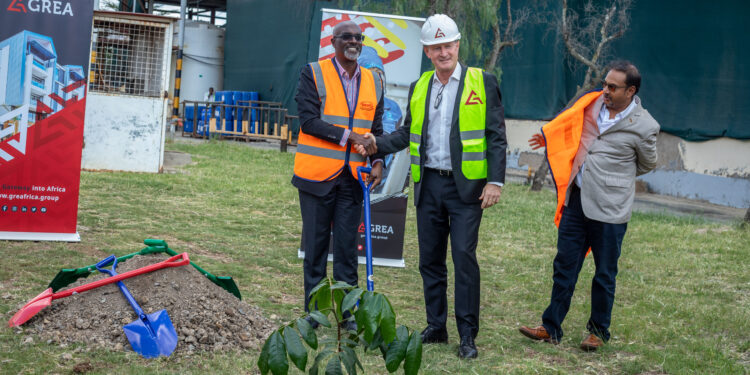 Mbuvi Ngunze, Chairman of Orbit, Donald Borthwick - Managing Director Industrial Structure and Kenya at Grit and Sachen Chandaria -Executive Director of Orbit Products Africa Limited (OPAL) during the ground breaking ceremony of the new warehouse in Nairobi.Photo/Avantika Seeth