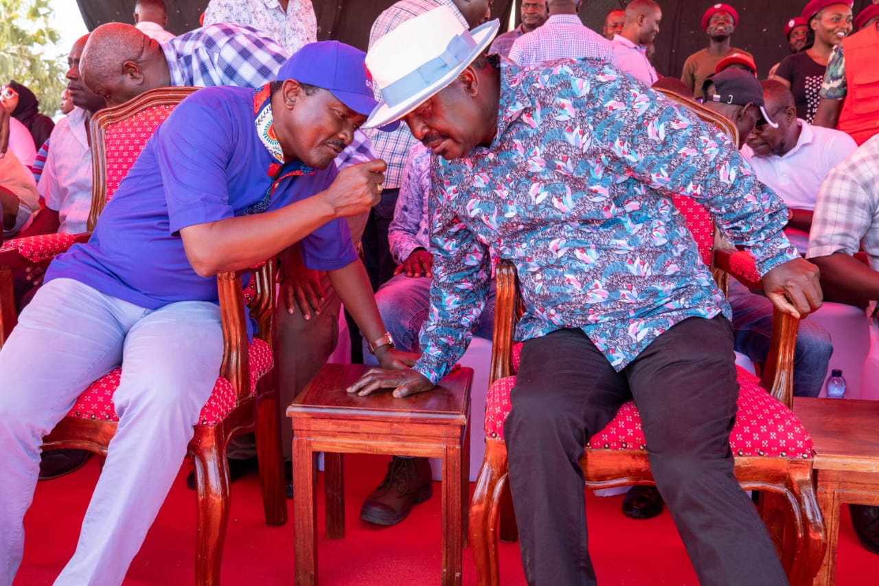 Wiper leader Kalonzo Musyoka with ODM leader Raila Odinga during a past Azimio event