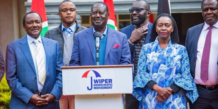Azimio leaders led by Raila Odinga at Wiper Party headquarters during a press conference | PHOTO Azimio TV/Twitter @AzimioTv