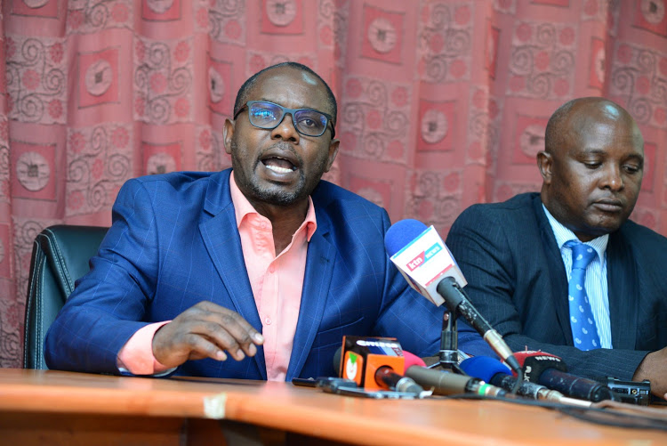 Mathare MP Anthony Oluoch (left) and Vihiga Senator Godfrey Osotsi at past presser.