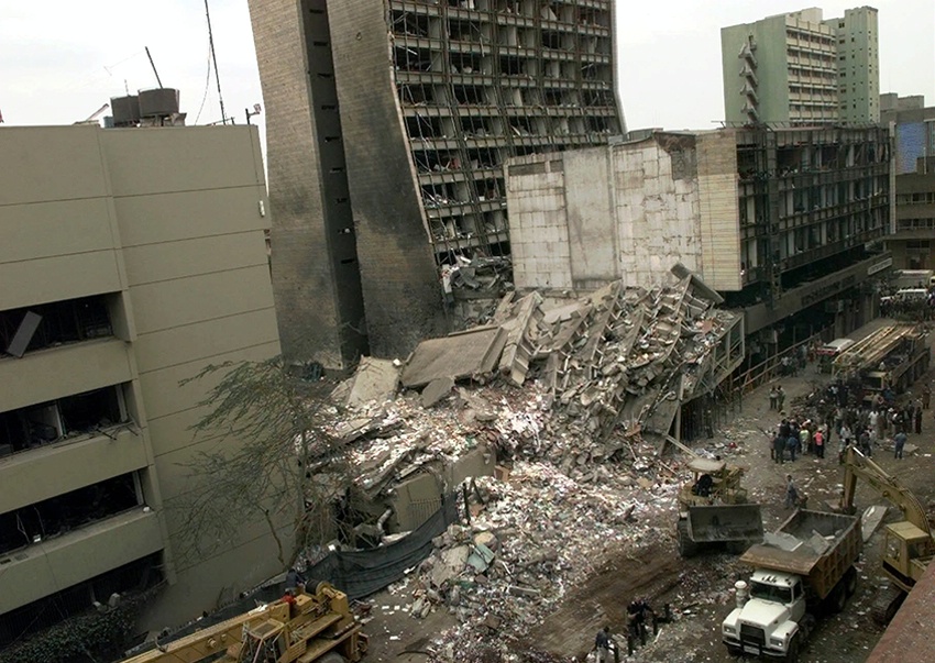 The US Embassy (left) in picture with blasted ruins next to it in Nairobi August 8,1998.