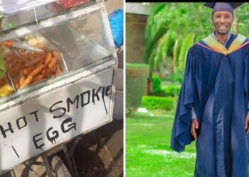 A collage photo of Masao's trolley in Nairobi CBD and a photo of the smokie vendor during his graduation in July 2023.