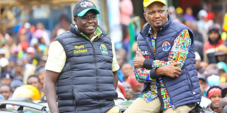 DP Rigathi Gachagua with Trade CS Moses Kuria in a past Kenya Kwanza rally. PHOTO/Courtesy.