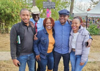 Citizen TV's presenter Fred Machokaa (in a white cap) poses for a photo with colleagues during the celebrations of his 70th birthday at his Isinya farm on Septmber 9, 2023.
