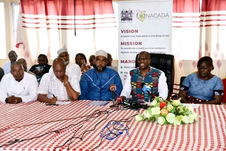 NACADA officials led by Board Chair Stephen Mairori (seond from right) address the press in Mombasa on September 10, 2023. 