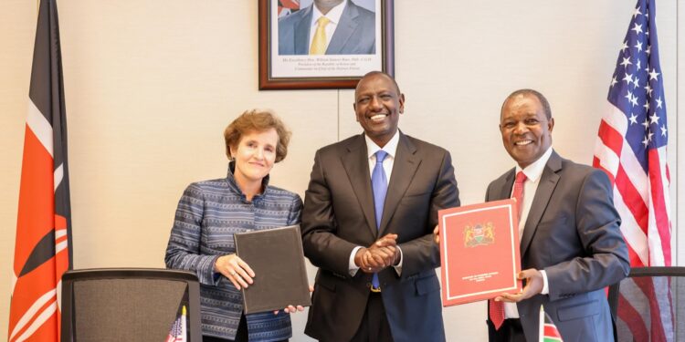 From left: MCC CEO Alice Albright, President Williiam Ruuto and Treasury CS Njuguna Ndungu pose for a photo after signing a Ksh8.7 billion deal in New York opn September 19,2023. 