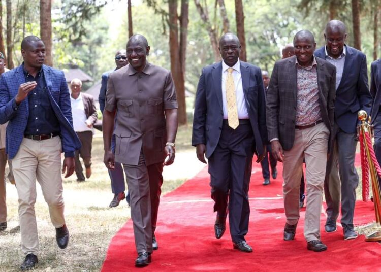 President William Ruto (second from left) and Deputy President Rigathi Gachagua (second from right) take a stroll at the Sagana State Lodge.