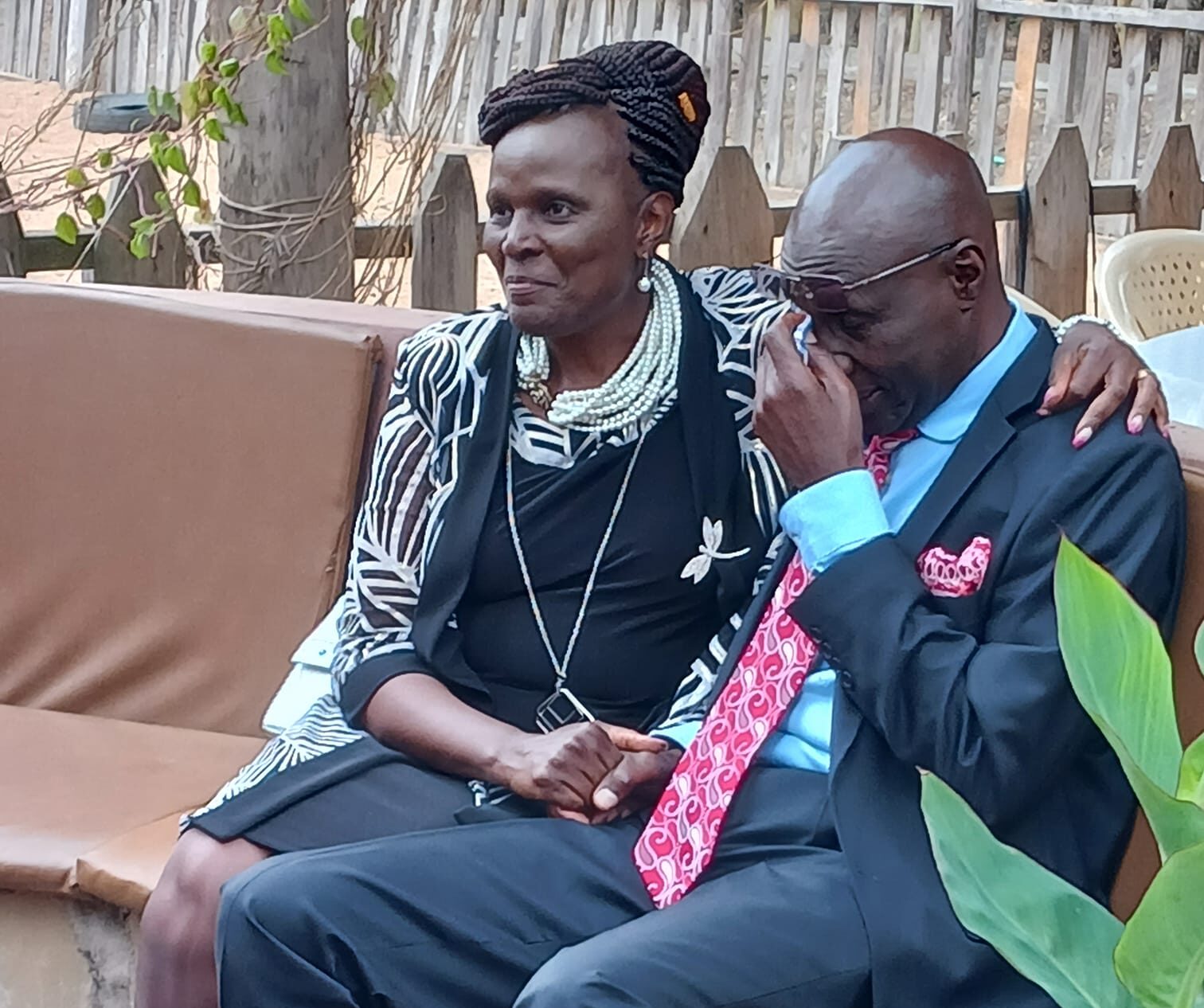 Citizen TV's presenter Fred Obachi Machoka (right) shares a moment with his partner during his birthday celebration in Isinya on Septmber 9, 2023. 