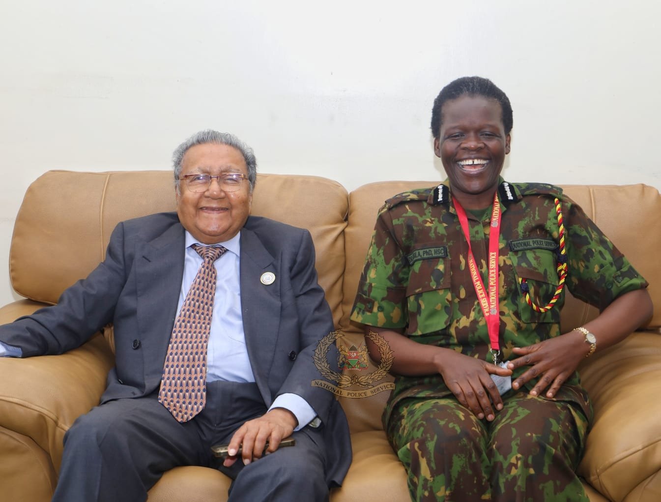 Police spokesperson Roselinda Otieno (right) and Manu Chandaria Founder poses for a photo during the Manu Chandaria Awards on September 14, 2023. 