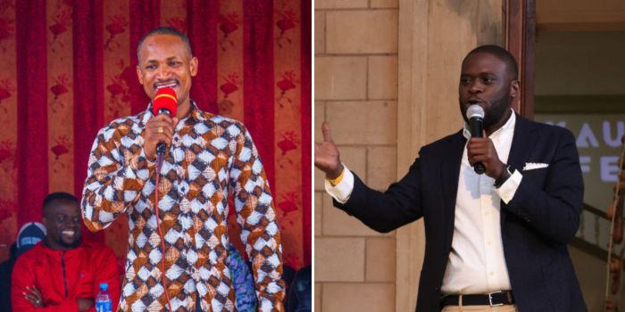 A photo collage of Embakasi East MP Babu Owino (left) and Nairobi Governor Johnson Sakaja (right).