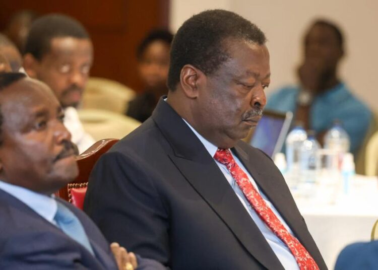 Wiper Party Leader Kalonzo Musyoka (left0 and Prime Cabinet Secretary Musalia Mudavadi attend the post election conference in Nakuru on September 27, 2023. 