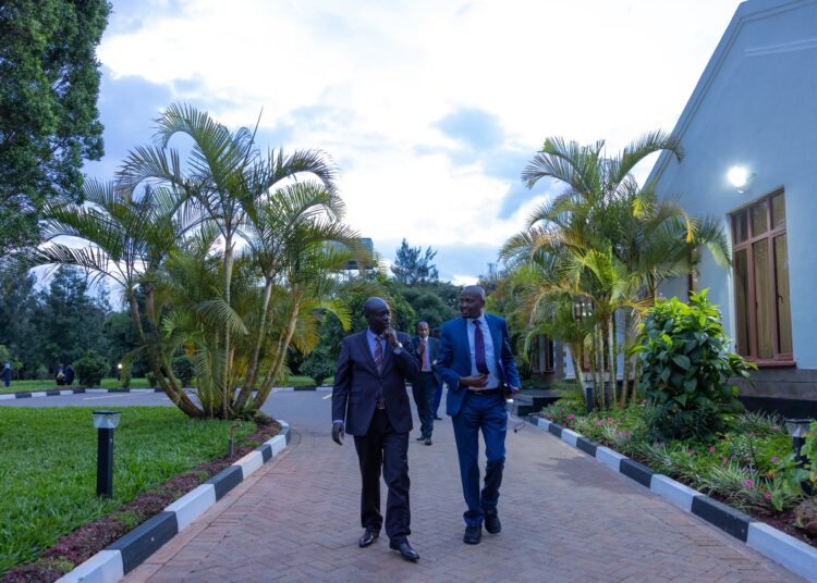 Deputy President Rigathi Gachagua (left) and Public Service CS Moses Kuria meet at the Karen DP's residence.