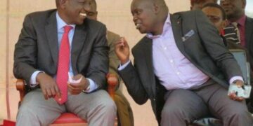 Nandi Senator Samson Cherargei sharing a light moment with President William Ruto. PHOTO/Courtesy