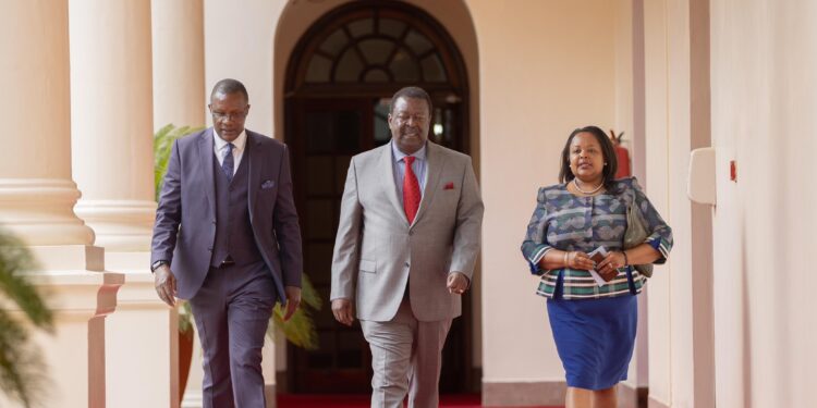 Prime CS Musalia Mudavadi (center), ICT CS Eliud Owalo, and Secretary to the Cabinet Mercy Wanjau take a stroll at State House.
