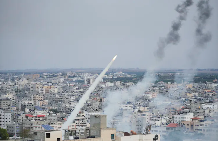 Rockets are launched by Palestinian militants from the Gaza Strip towards Israel.