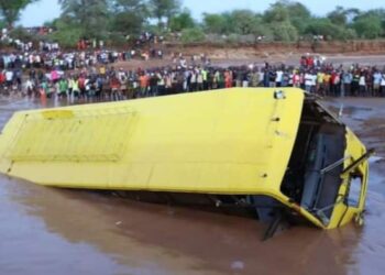 The bus that plunged into Enziu River. PHOTO/Courtesy.