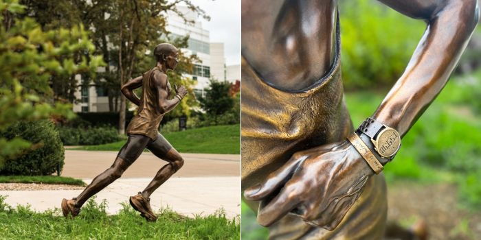 A photo collage of Eliud Kipchoge's sculpture erected at Nike Headquarters in Oreogon.