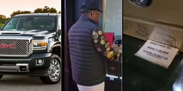 A photo collage of the GMC Truck model Mike Sonko arrived in at the Liquor Store, a photo of him eploring the variety of drinks in the store and a photo of a price tag placed on one of the drinks. 