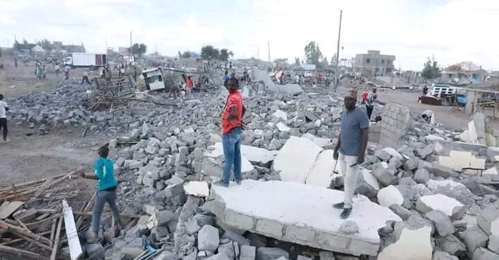 A photo showing the debris of buildings demolished in Mavoko, Machakos County after court ruled that residents had built on illegally acquired land. 