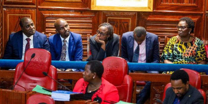 Meru County Governor Kawira Mwangaza (back row) follows Senate proceedings during the hearing of her case on November 8, 2023.