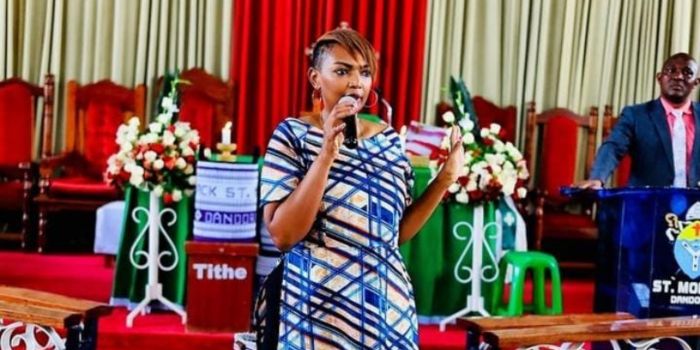 Senator Karen Nyamu speakss during a past church service in Nairobi County. 