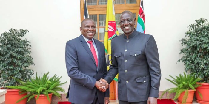 Majority Leader Kimani Ichung'wah shakes hands with President William Ruto after a meeting on October 27, 2023 at State House. 
