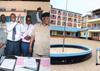 A photo collage of Education CS Ezekiel Machogu during an inspection tour in the ongoing KCSE (left) and a photo of Nyambaria High School where a principal was arrested.