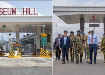 A photo collage of an Expressway toll station and a photo of Transport CS inspecting the Expressway.