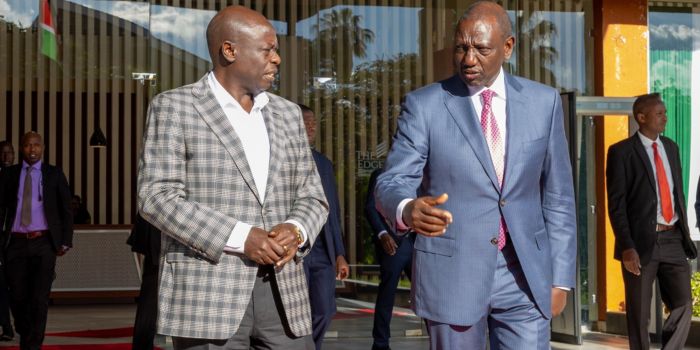 Deputy President Rigathi Gachagua (left) and President William Ruto during the oit stop Cabinet retreat in South C, Nairobi on November 17, 2023.
