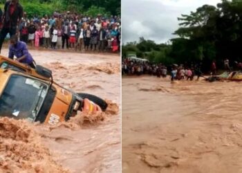 A photo collage of the matatu submerged in the floods in Makueni Ciounty.