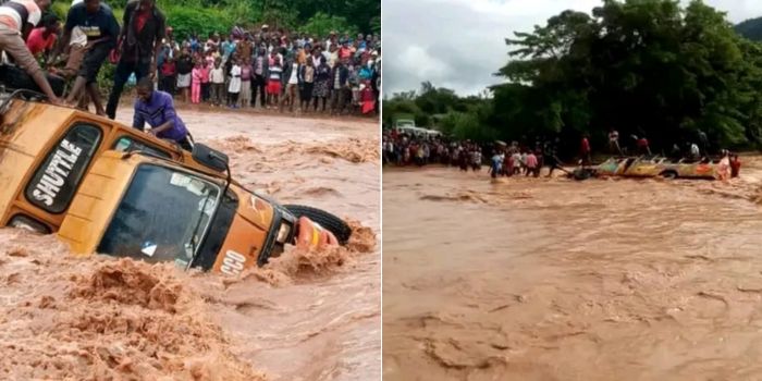 A photo collage of the matatu submerged in the floods in Makueni Ciounty.