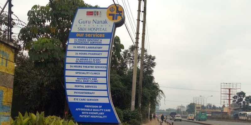 A signage of the Guru Nanak Hospital mounted along Murang'a Road. 