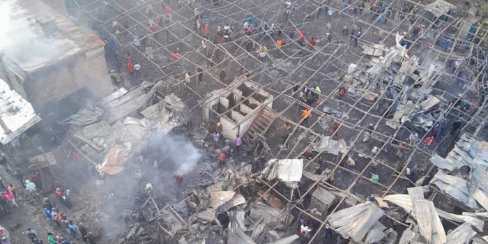 A photo showing remains of stalls and goods after a fire that razed down a section of Gikomba market. 