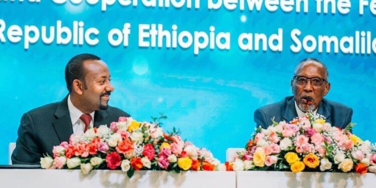 Ethiopian Prime Minister Abiy Ahmed Ali and the President of Somaliland Muse Bihe Abdi after siging a Memorandum of Understanding in Addis Ababa on January 2, 2024. PHOTO/ Office of Prime Minister Ethiopia.