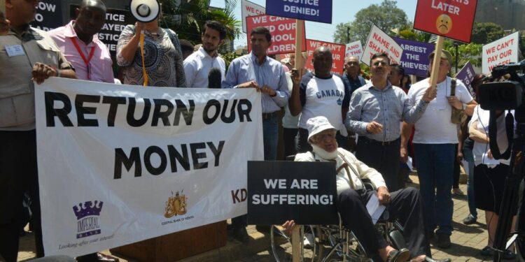 Imperial Bank of Kenya depositers in a past demonstration demanding for heir deposits.