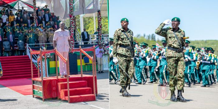 A side-to-side photo of President William Ruto during the NYS pass out ceremony in December 2023, and a photo of NYS graduates performing drills in the ceremony.
