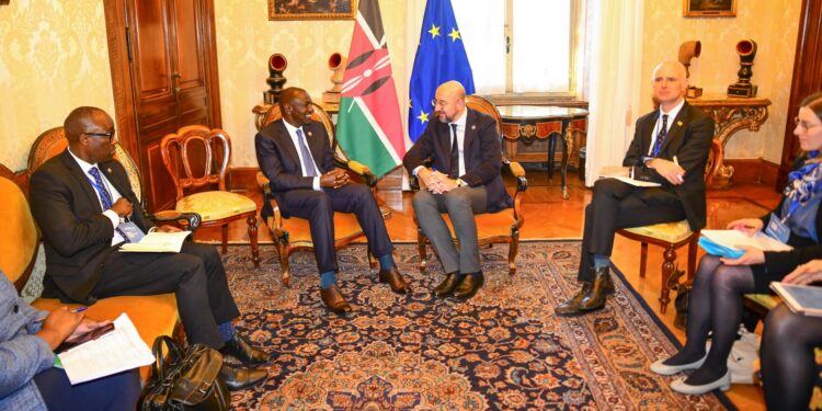 President William Ruto and President of the European Council Charles Michel during Italy - Africa Summit in Rome. PHOTO/PCS. 