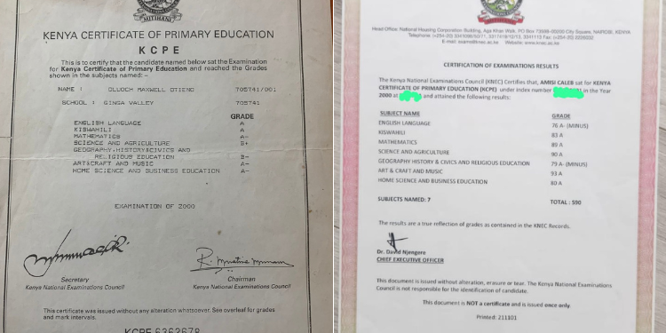 A photo collage of KCPE certificates posted by Hon Caleb Amisi and Maxwel Otieno. 