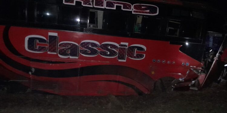 A photo of the Classi King Bus involved in a traffic accident along Nakuru-Eldoret Highway. 