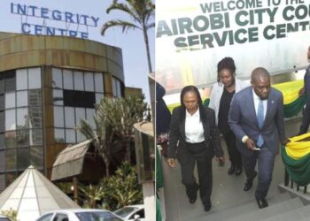 A photo collage of the EACC headquarters in Nairobi and a photo of Governor Johnson Sakaja during the launch of the Nairobi County Customer Service Center in December 2023.