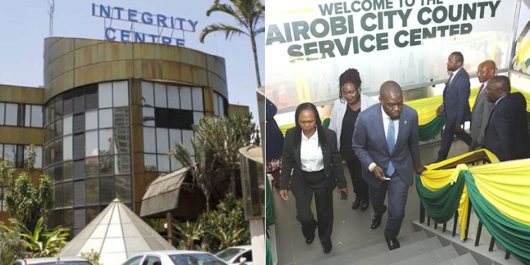 A photo collage of the EACC headquarters in Nairobi and a photo of Governor Johnson Sakaja during the launch of the Nairobi County Customer Service Center in December 2023.