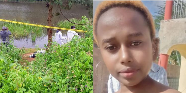 A photo collage of th scene in Kiambaa, Kiambu Coiunty where a human head was recovered on January 21, 2023 and a photo of the slain University student Rita Waeni. photo/courtesy.