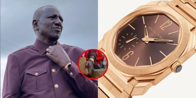 A photo collage of President William Ruto wearing a BVLGARI watch (left) and a photo of the BVLGARI watch. photo/courtesy.