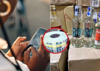 A photo collage of a lady using a mobile phone (left) and a photo counterfeit alcoholic drinks with fake KRA stamps. photo/courtesy.